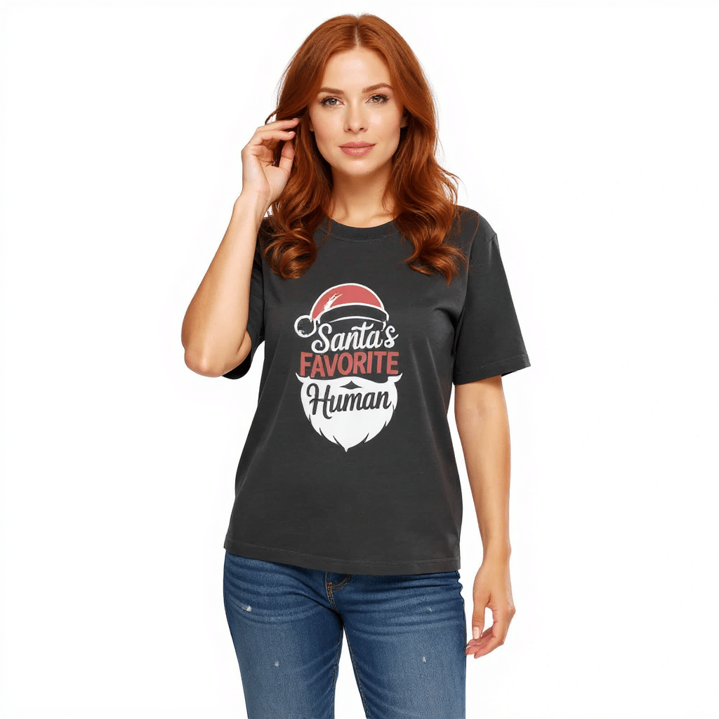Unisex organic ribbed neck t-shirt - Santa's Favourite Human - Image 1