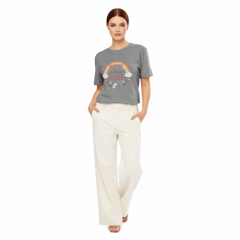 Unisex organic ribbed neck t-shirt in white with colourful rainbow floral graphic, relaxed fit for casual style.
