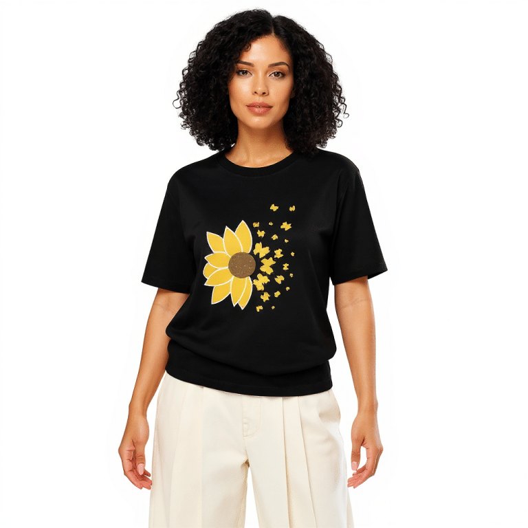 Unisex organic ribbed neck t-shirt with sunflower butterfly design, regular fit, 100% organic cotton, soft and sustainable.