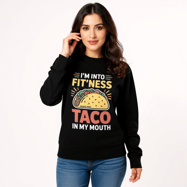 Unisex organic sweatshirt with 'I'm Into Fitness' design, brushed fleece, half-moon detail, relaxed fit, 80% organic cotton, 20% recycled polyester, sustainable style.
