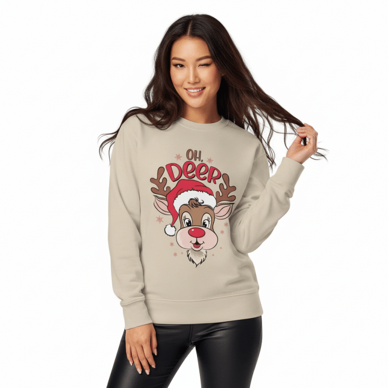 Unisex organic sweatshirt with playful reindeer in Santa hat, relaxed fit, 80% cotton 20% recycled polyester