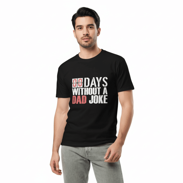 Heather grey unisex premium t-shirt, regular fit crew neck, 100% combed cotton, '00 Days Without a Dad Joke', side-seamed, ribbed collar.