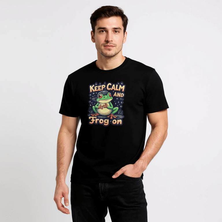 Unisex premium cotton t-shirt with Keep Calm And Frog On graphic, crew neck, regular fit, playful frog design.