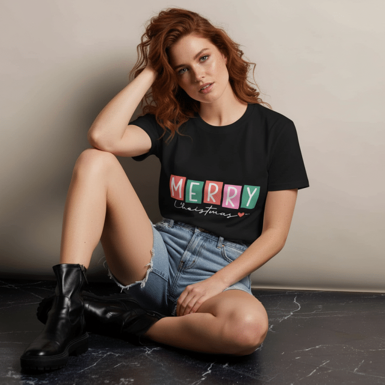 Unisex premium black cotton T-shirt with 'Merry' lettering and heart, crew neck, regular fit, Christmas style.