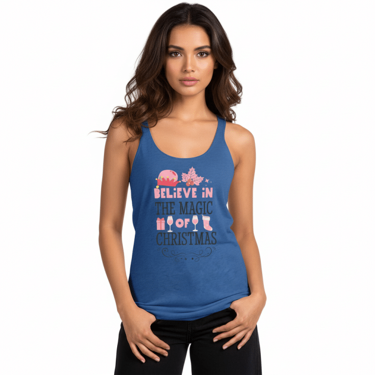 Women's racerback tank featuring 'Believe In The Magic Of Christmas'. Soft, lightweight, form-fitting holiday top with raw edge seams.