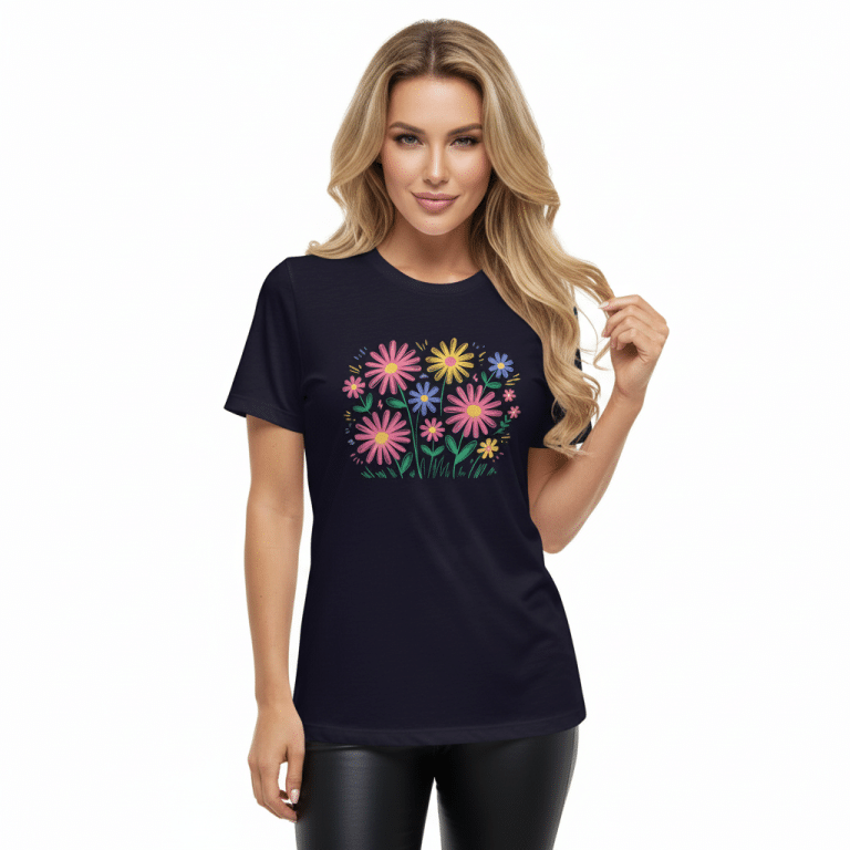 Women's Relaxed T-Shirt with Colorful Flower Doodle, soft cotton, relaxed fit, crew neck, lightweight spring style.
