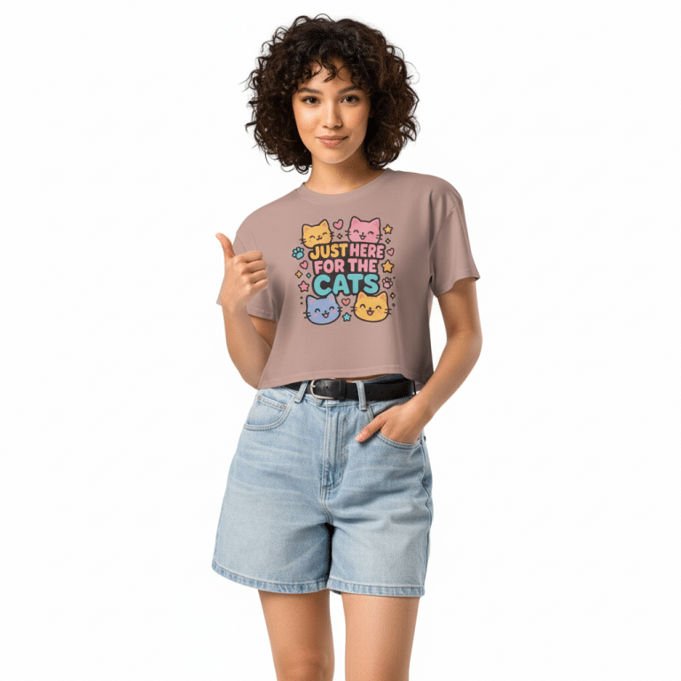 Women's crop top with "Just Here For The Cats" phrase, 100% combed cotton, relaxed fit, ribbed crew neck, cropped silhouette, heather colors, side-seamed, ethically sourced.