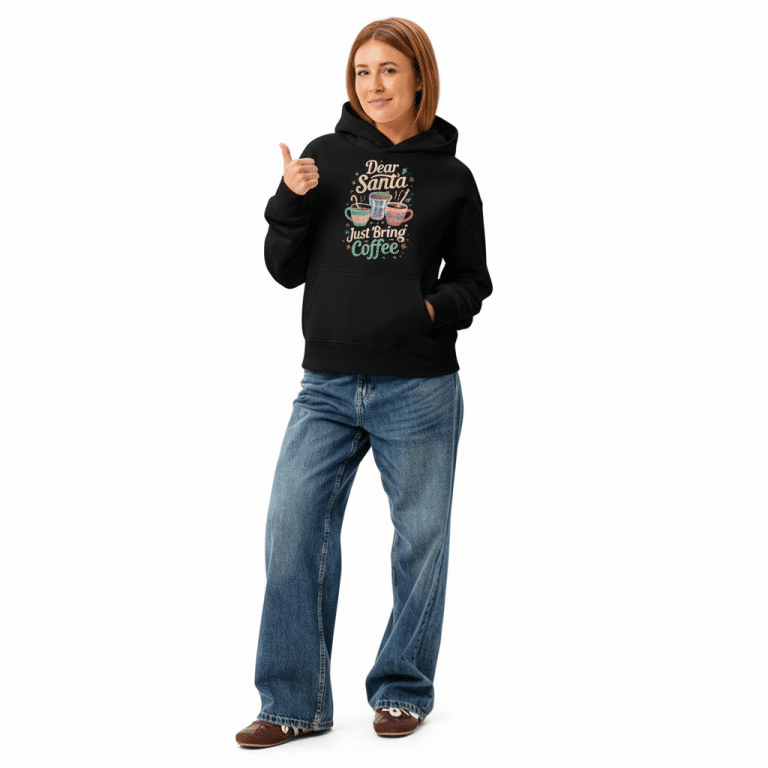 Women’s relaxed hoodie in soft cotton blend, "Dear Santa Just Bring Coffee" graphic, cozy festive style.