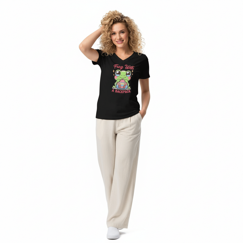 Women’s relaxed v-neck t-shirt - Frog With A Backpack - Image 1