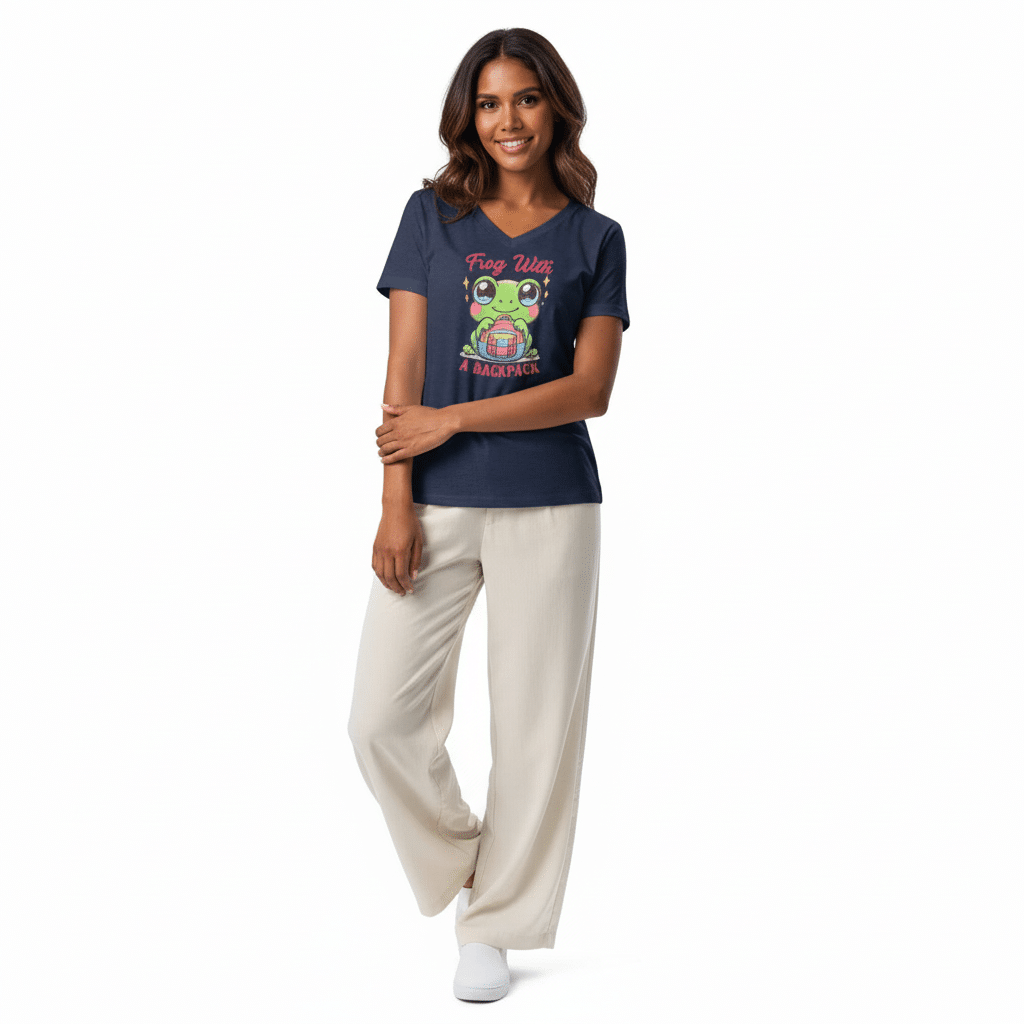 Women’s relaxed v-neck t-shirt - Frog With A Backpack - Image 3