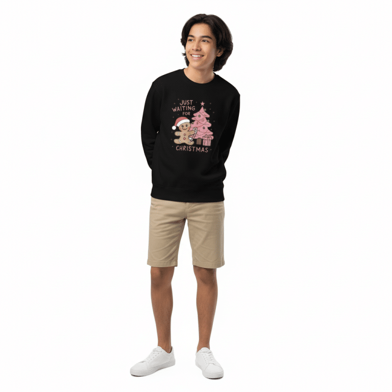 Youth crewneck sweatshirt in white with gingerbread and Christmas tree print - Just Waiting For Christmas design