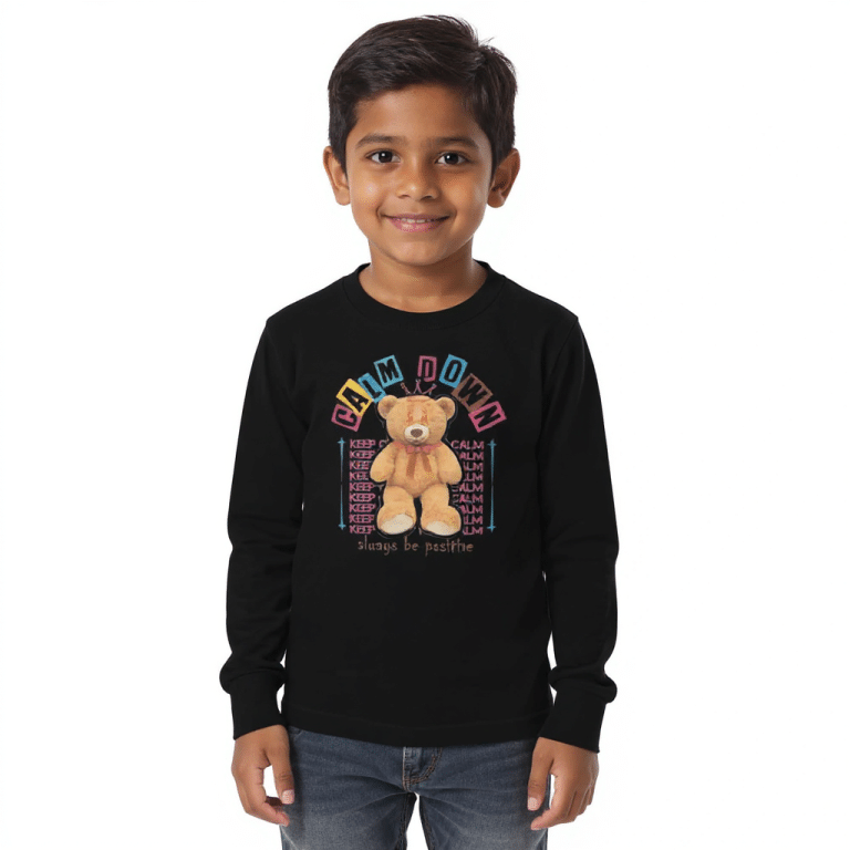 Youth long sleeve tee in soft Airlume cotton with "Calm Down" print, crew neck, regular fit, and ribbed cuffs