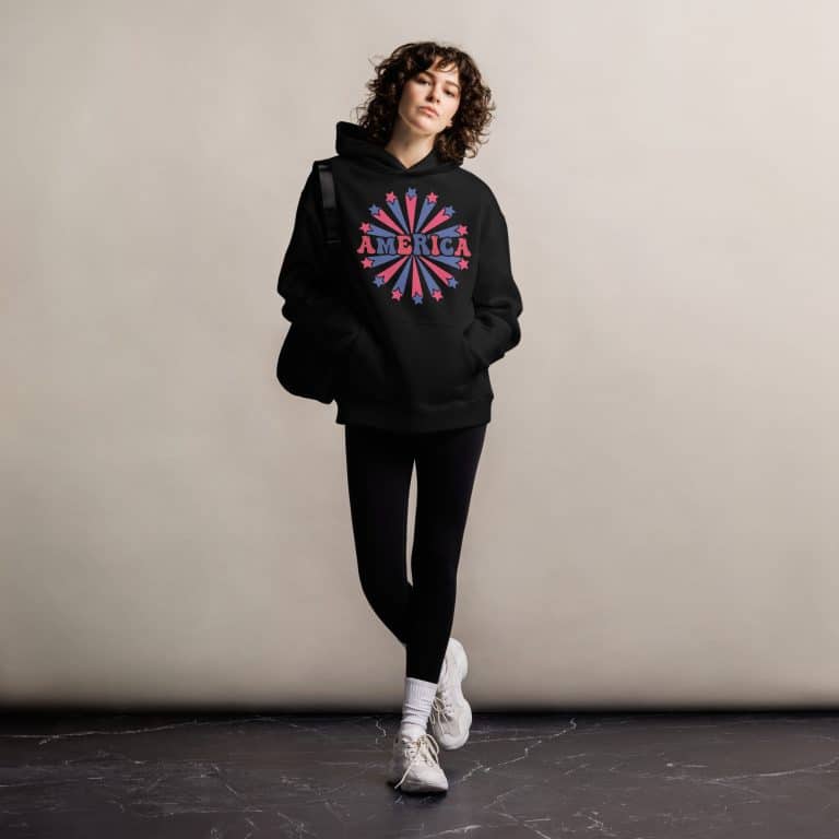 Oversized unisex hoodie with America flag stars, 80% cotton, relaxed fit, patriotic style, AS Colour