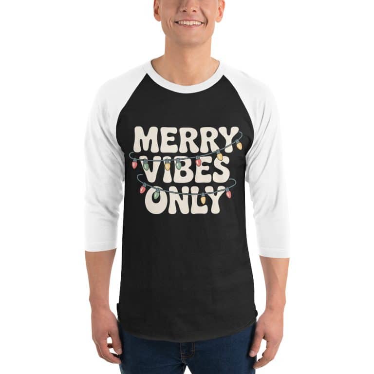 3/4 sleeve raglan shirt in heather grey with "Merry Vibes Only" print and string lights, contrast sleeves, lightweight cotton.