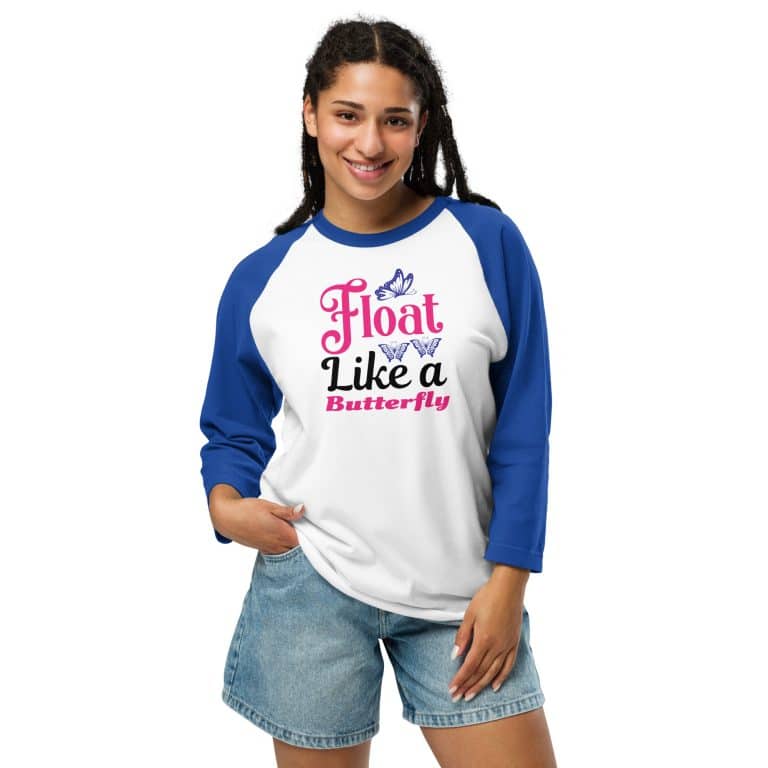 3/4 sleeve raglan shirt in soft cotton blend with vibrant pink and blue butterfly design on white, casual fit.