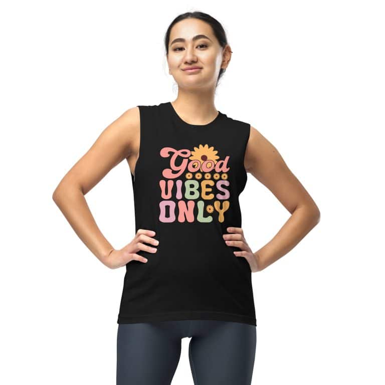 Bella + Canvas Good Vibes Only muscle shirt, white sleeveless relaxed fit with wide armholes, 100% cotton.