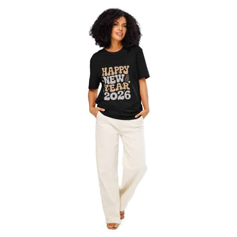 Unisex organic cotton t-shirt with ribbed neck, Happy New Year 2026 design, black, festive style.