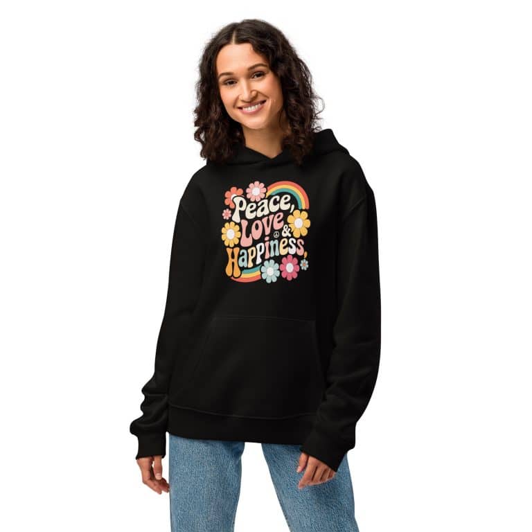 Oversized heavyweight hoodie in soft cream with Peace Love And Happiness rainbow floral print, cozy brushed fleece, and unisex relaxed fit.