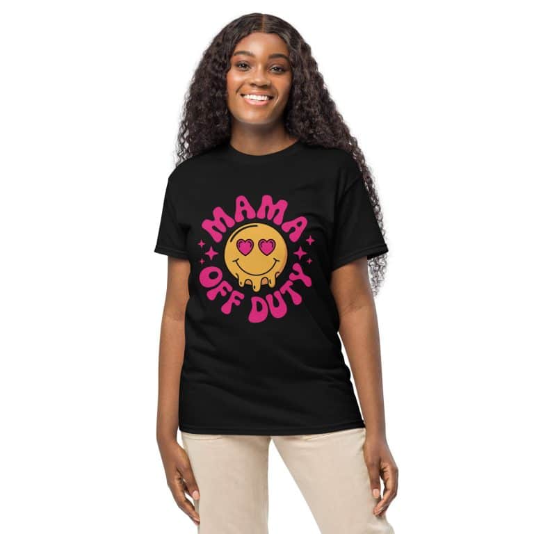 DryBlend T-shirt "Mama Off Duty" with smiley face heart eyes, moisture-wicking, modern classic fit, white.