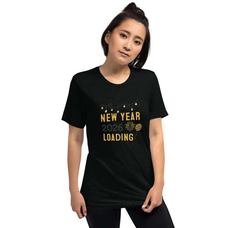 White short sleeve tri-blend t-shirt with 'New Year 2026 Loading' graphic, lightweight pre-shrunk fashion top.