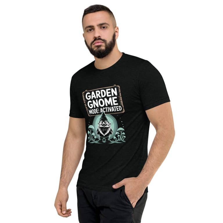 Garden Gnome Mode Activated short sleeve t-shirt, tri-blend vintage style, regular fit, Bella + Canvas brand.