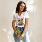 Women’s relaxed v-neck t-shirt - Frog With A Backpack - Image 15