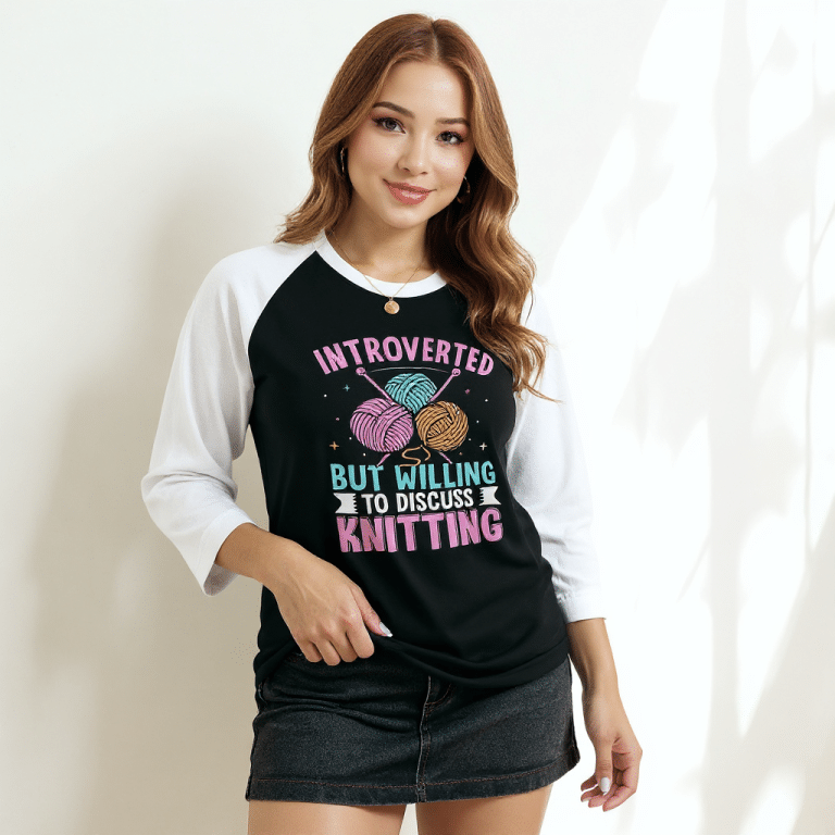 3/4 sleeve raglan shirt in heather grey for knitters - lightweight cotton tee with contrast sleeves