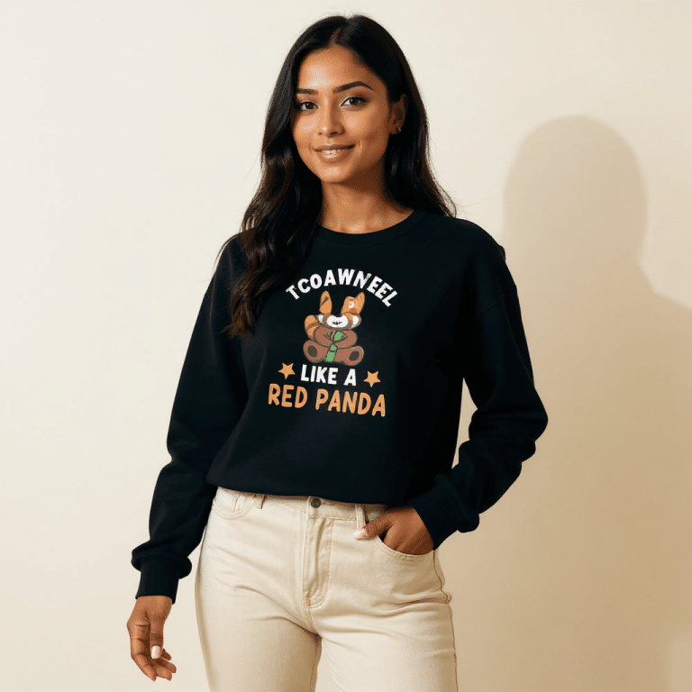 Women's crop hoodie with red panda graphic, raw hem, dropped shoulders, cozy cotton-poly fleece in red and cream.