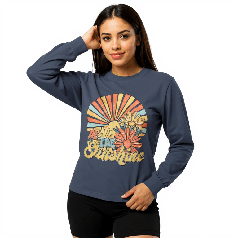 Garment-dyed heavyweight long-sleeve shirt with vintage sunburst and floral "Be The Sunshine" graphic, soft cotton, relaxed fit.