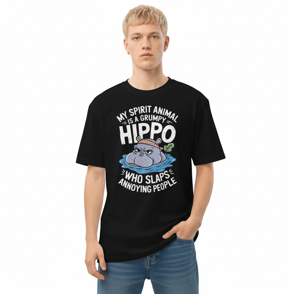 Men’s premium heavyweight cotton tee with "My Spirit Animal is a Grumpy Hippo" slogan, regular fit, side-seamed, ribbed collar, charcoal heather.