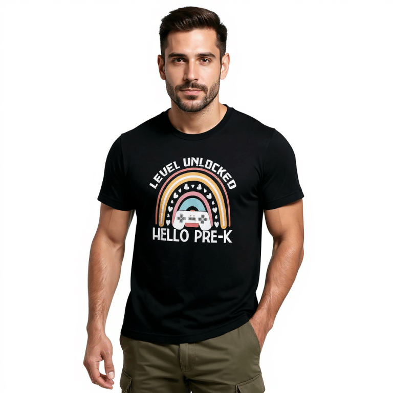Short sleeve t-shirt Level Unlocked rainbow gaming graphic tri-blend regular fit pre-shrunk 50 polyester 25 cotton 25 rayon