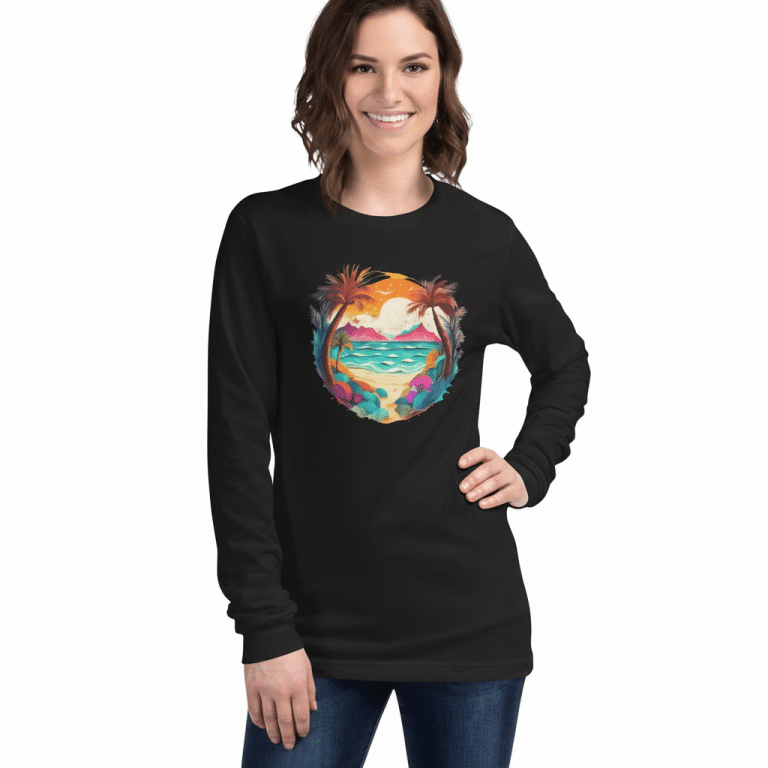 Unisex Long Sleeve Tee - Beach, Sunset Oasis art, Heathered cotton, Casual style.