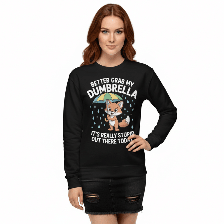 Unisex premium sweatshirt with playful fox design and "Better Grab My Dumbrella" phrase. Soft fleece, ribbed crew neck, black charcoal heather.