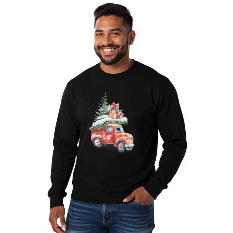 Unisex Christmas Truck Sweatshirt - Red Cotton, Cozy Style, Holiday Apparel