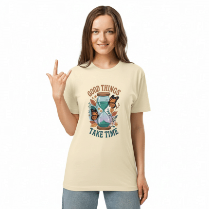 Sky-blue unisex fine jersey tee featuring "Good Things Take Time" graphic, soft cotton, breathable, versatile for all occasions.