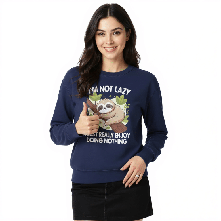 Comfort Colors unisex garment-dyed sweatshirt in vintage wash with sloth and "I'm Not Lazy" text, relaxed fit.