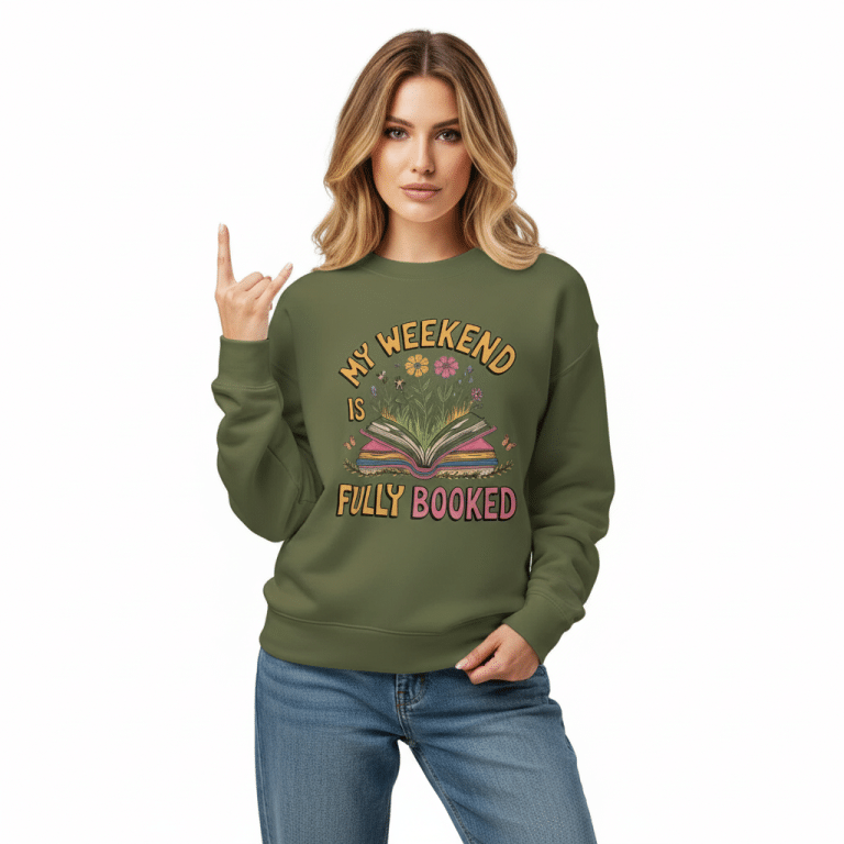 Unisex relax crew neck sweatshirt in soft cotton blend with "My Weekend Is Fully Booked" design, perfect for cozy casual style.
