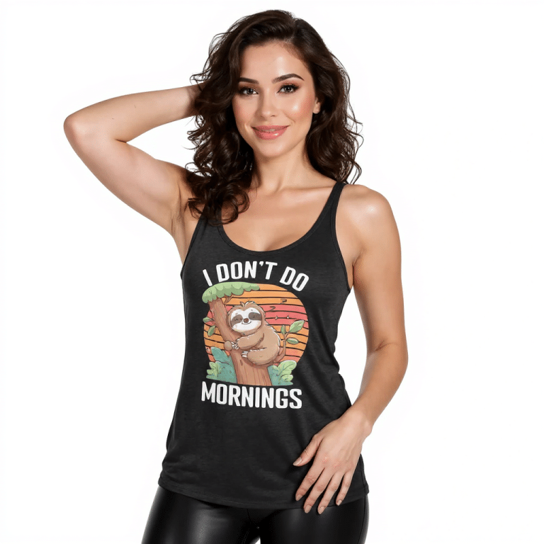Women's racerback tank top with "I Don't Do Mornings" text, soft cotton-poly blend, casual fit, black.