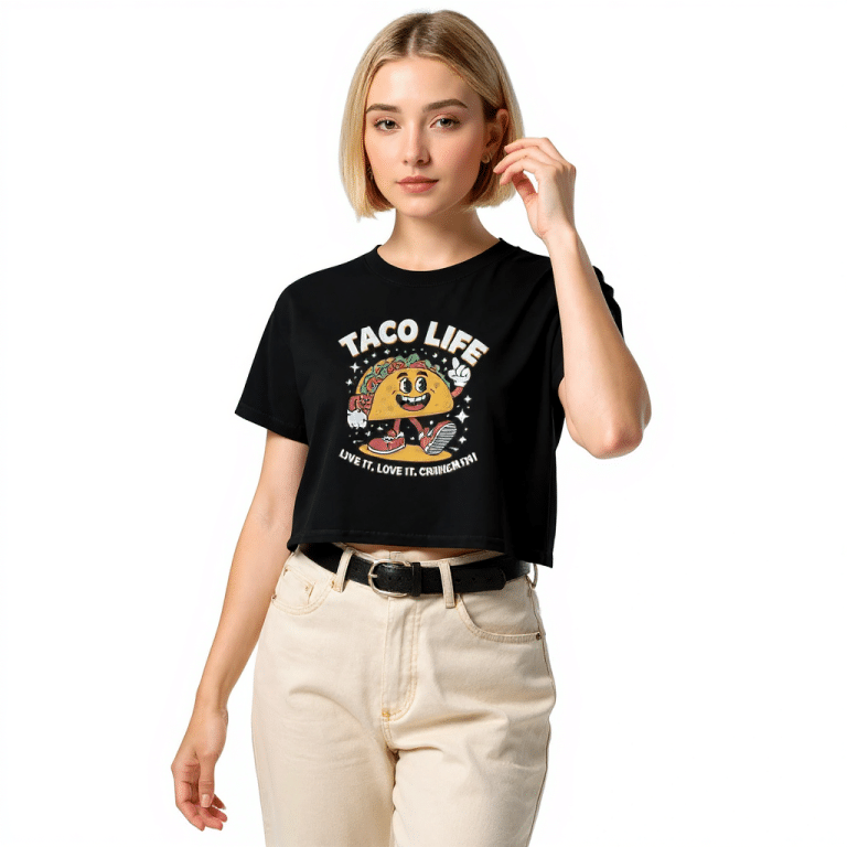 AS Colour Women's Crop Top TACO LIFE: combed cotton, drop shoulder, crew neck, walking taco graphic.