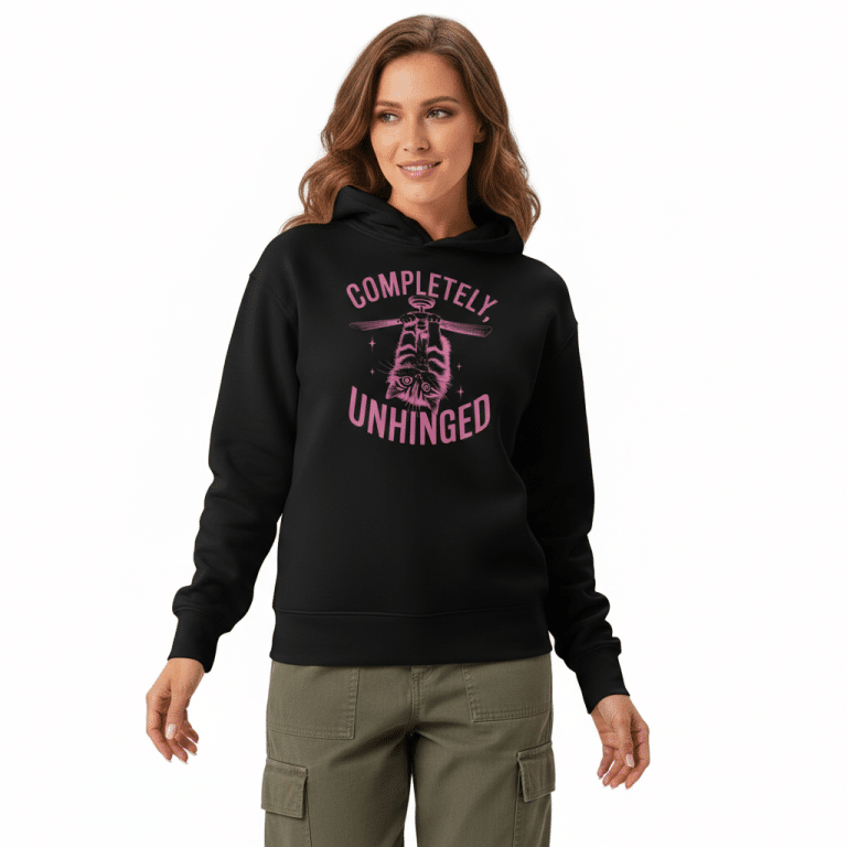Women's relaxed cotton-blend pullover hoodie featuring playful upside-down kitten graphic, pre-shrunk fabric, drop shoulders.