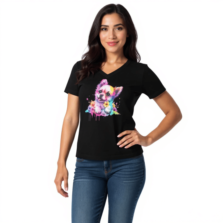 Women's Bunny Dog T-Shirt - Relaxed V-Neck, Heather Color, Bella + Canvas