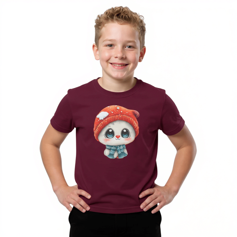Youth short sleeve t-shirt with playful snowman in orange beanie and scarf, soft cotton, heather colors, Bella+Canvas.