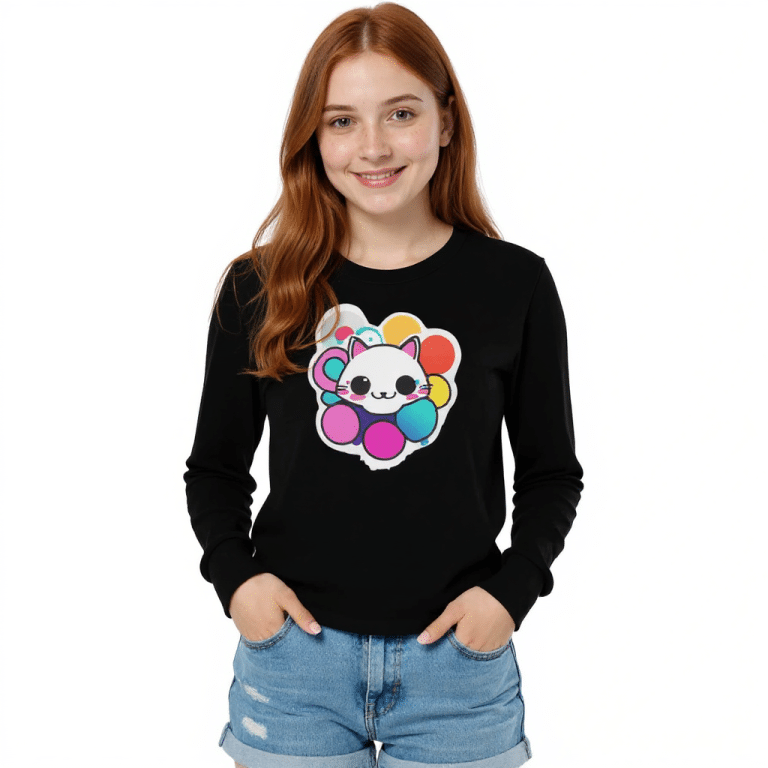 Bella + Canvas Youth Bubble Cat Long Sleeve Tee - Pastel Blue, Soft Cotton.