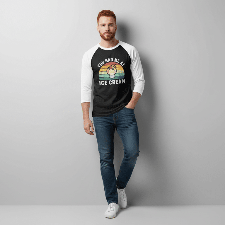 3/4 sleeve raglan shirt in heather grey, featuring "You Had Me At Ice Cream" print, crafted from soft cotton blend for comfort.