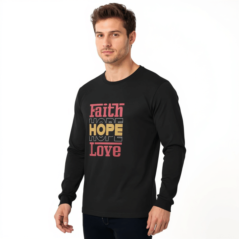 Long Sleeve Fitted Crew in soft cotton featuring "Faith Hope Love" print, stylish rib collar, perfect for layering or casual wear.