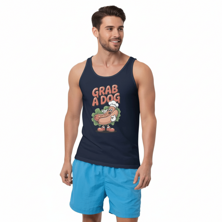 Navy men's tank top featuring a whimsical hot dog graphic, made from soft, breathable fabric for ultimate comfort and style.