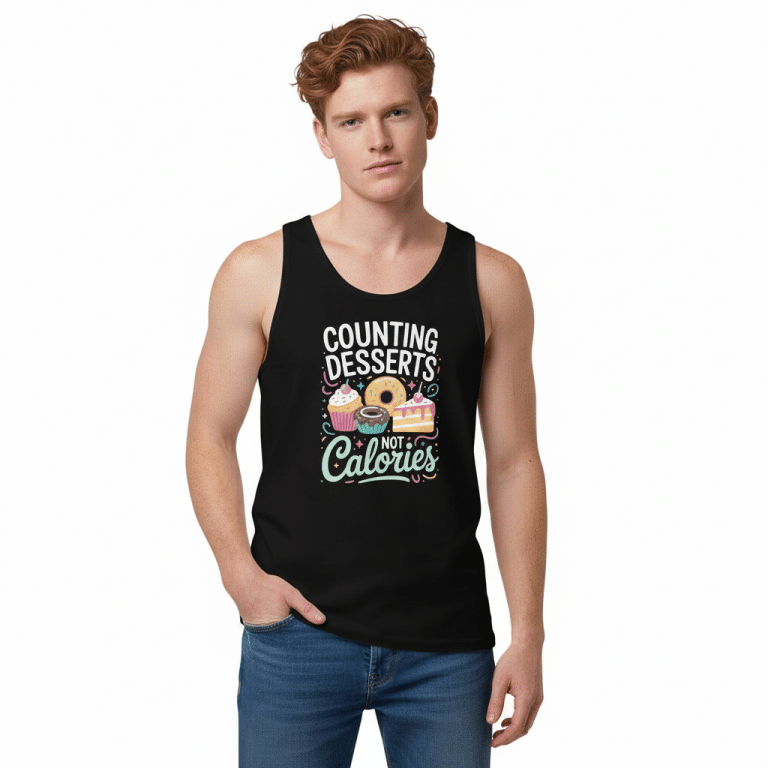 Men’s premium cotton tank top in Athletic Heather featuring "Counting Desserts Not Calories" print, perfect for active lifestyle.