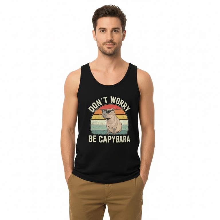 Men's premium tank top featuring a charming capybara graphic, soft cotton, relaxed fit, and sleeveless design for comfort.