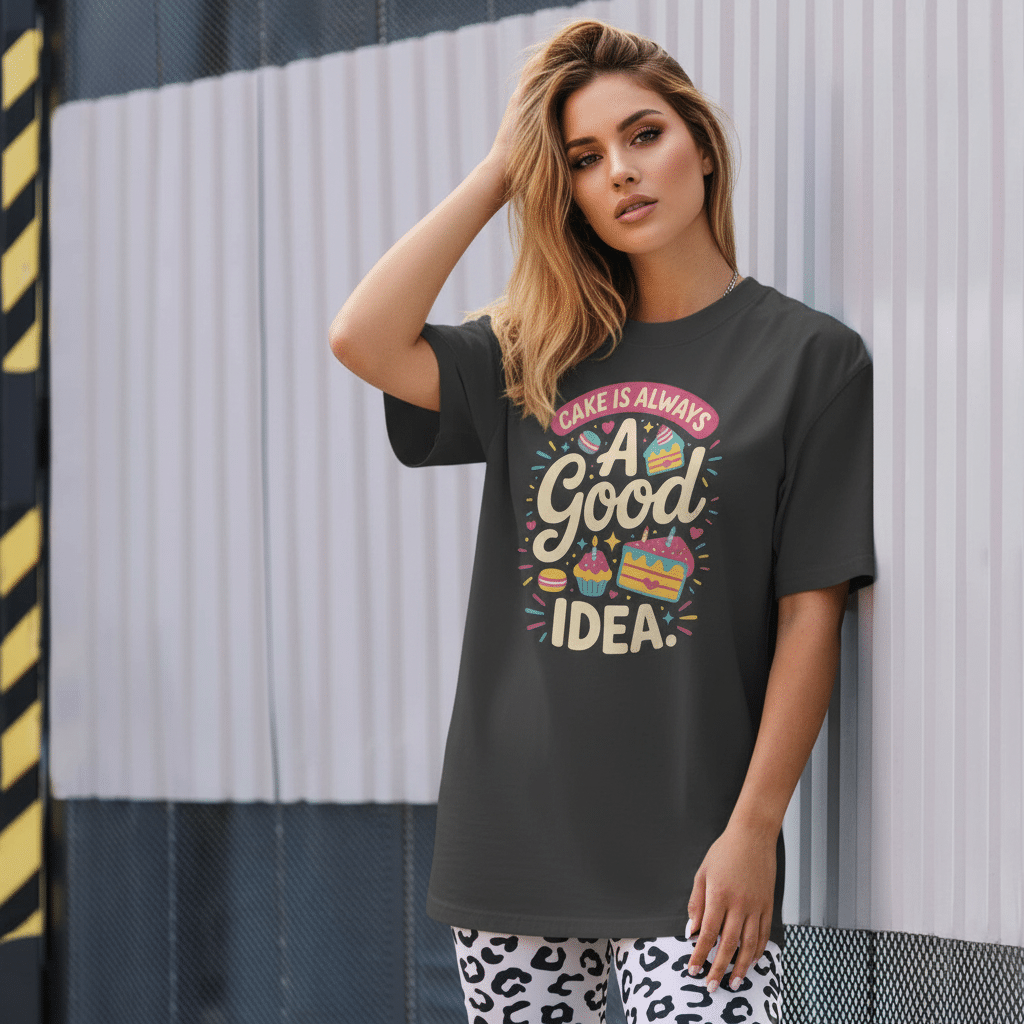 Oversized faded t-shirt in soft cotton featuring "Cake Is Always A Good Idea" slogan, boxy fit, ideal for casual wear.