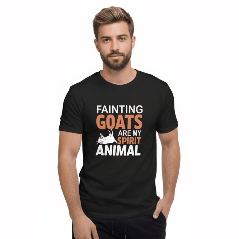 Heather Grey Short-Sleeve T-Shirt featuring "Fainting Goats Are My Spirit Animal" graphic; soft, lightweight, and durable.